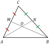 Точки М и N являются серединами сторон AB и BC треугольника АВС соответственно. Отрезки AN и CM пересекаются в точке О, AN = 18, CM = 21. Найдите ОМ.