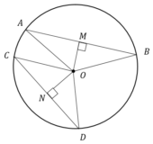 Отрезки АВ и CD являются хордами окружности. Найдите расстояние от центра окружности до хорды CD, если АВ=20, CD=48, а расстояние от центра окружности до хорды АВ равно 24. 